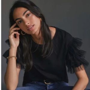 Anthropologie Lea&Viola Size S black t shirt with ruffles